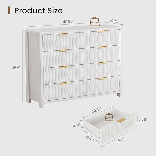 SUCSSRICH Modern Fluted Wood Dresser - 8-Drawer Storage Chest w/Metal Handles