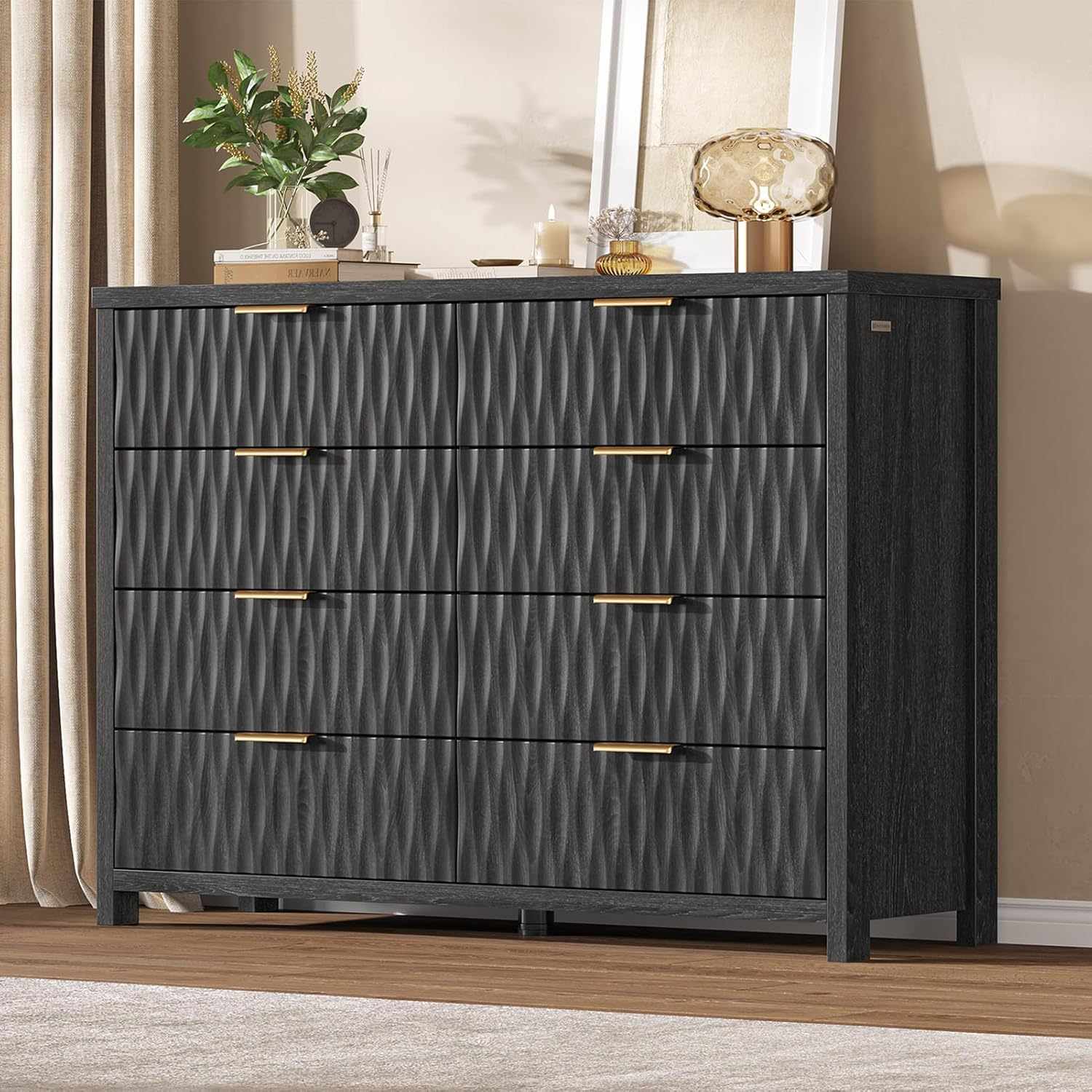 Sikaic Dresser Fluted Dresser with 8 Drawers Black Black / Engineered Wood / Modern