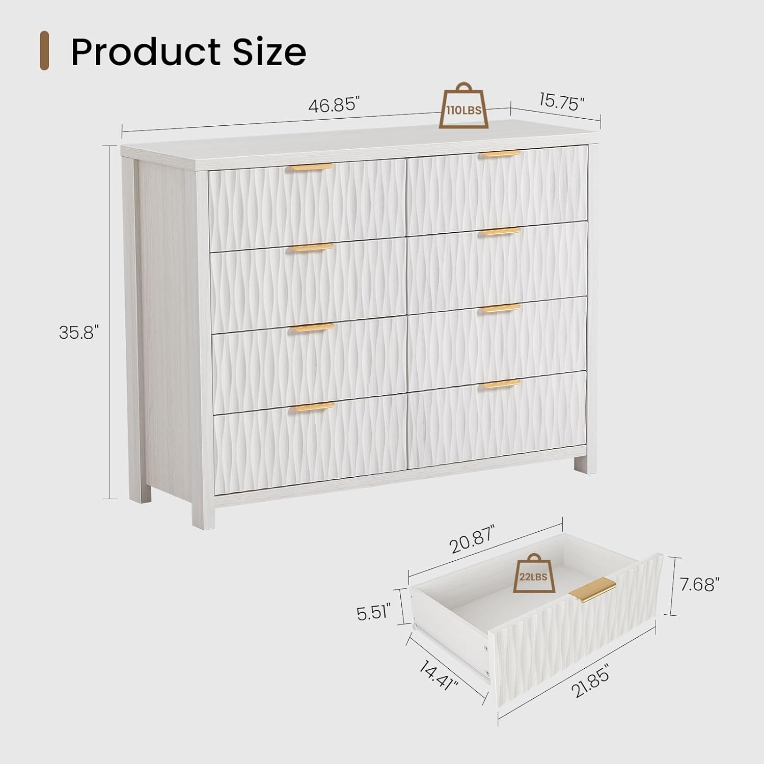 Sikaic Dresser Fluted Dresser with 8 Drawers White White / Engineered Wood / Modern